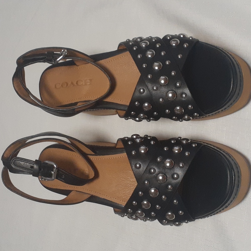 Coach Black Studded Leather Platform Sandals